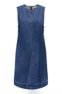 Ærmeløs blå denimkjole med enkle syninger og rund hals.