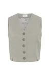 Grå vest med V-udskæring, fem knapper og sideslidser. Kort længde, moderne look.
