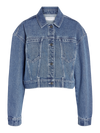Blå cropped denimjakke med løs pasform, knaplukning, krave og to brystlommer.