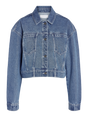 Blå cropped denimjakke med løs pasform, knaplukning, krave og to brystlommer.