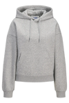 Grå JJXX sweatshirt med hætte, lomme og broderet "JJXX STUDIO" foran. Afslappet pasform.