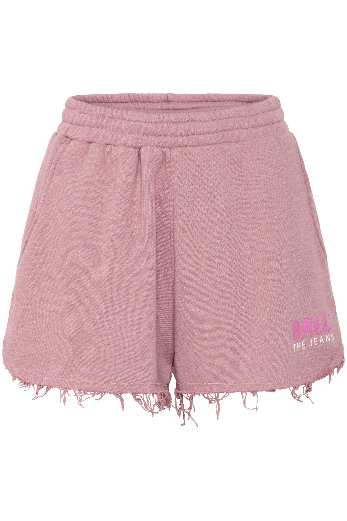 Lilla shorts med frynset kant og elastikbånd. Logo på højre side.