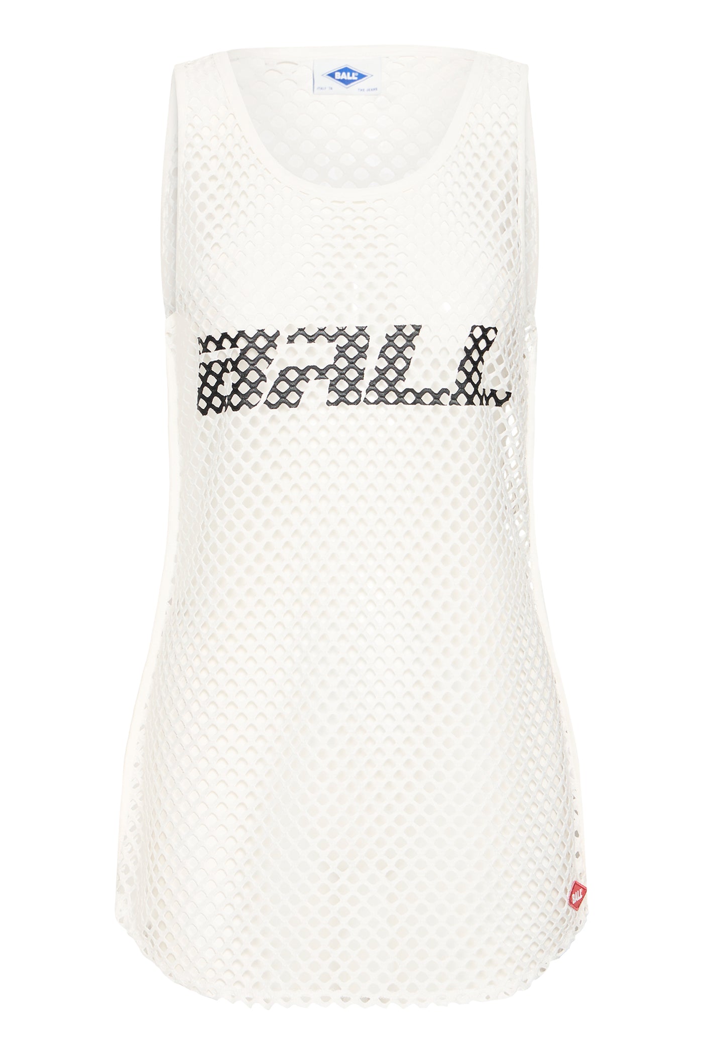 Hvid mesh tanktop med sort "BALL" tekst på fronten. Løs pasform, sporty design.
