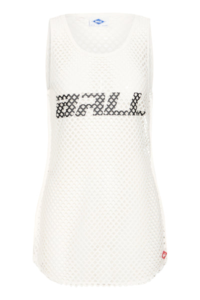 Hvid mesh tanktop med sort "BALL" tekst på fronten. Løs pasform, sporty design.