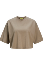 Cropped t-shirt i latte/brindle farve, rund hals og længere ærmer, stopper ved hofterne.