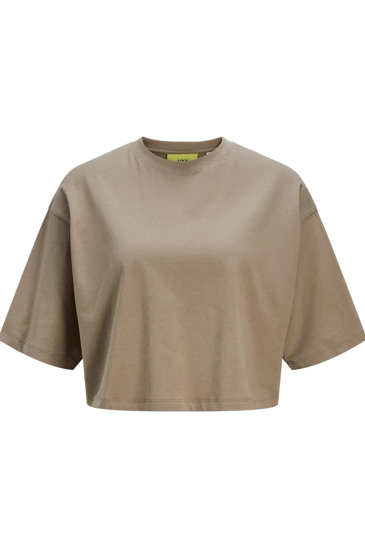 Cropped t-shirt i latte/brindle farve, rund hals og længere ærmer, stopper ved hofterne.