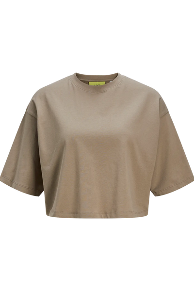 Cropped t-shirt i latte/brindle farve, rund hals og længere ærmer, stopper ved hofterne.