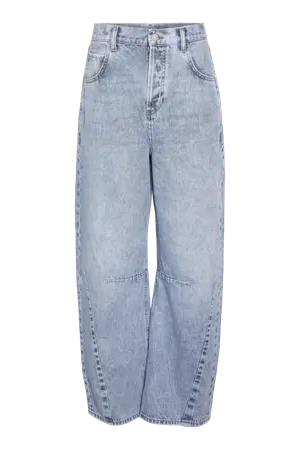 Lyseblå jeans, høj talje, løs pasform, brede ben, synlige lommer foran og bagpå.