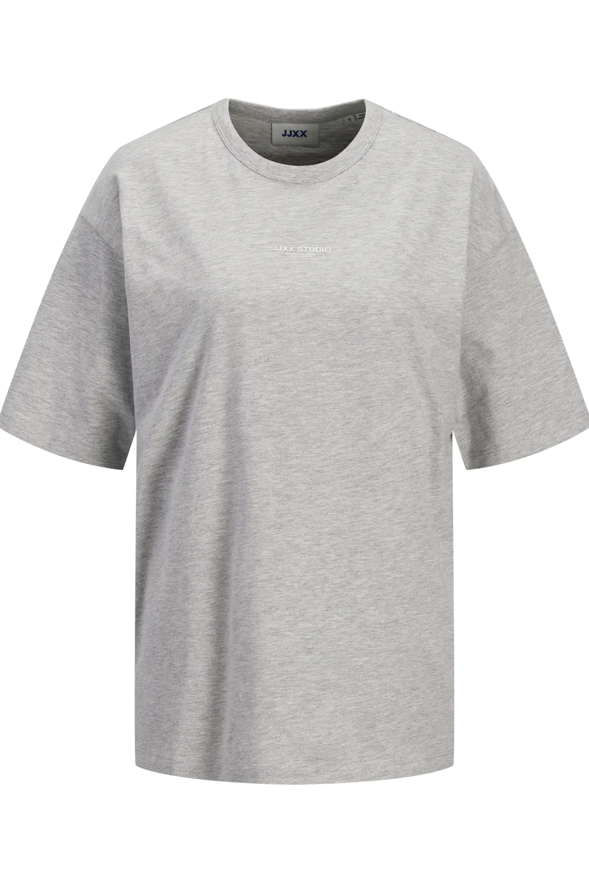 Grå T-shirt med rund hals, korte ærmer og teksten "JJXX STUDIO" på forsiden.