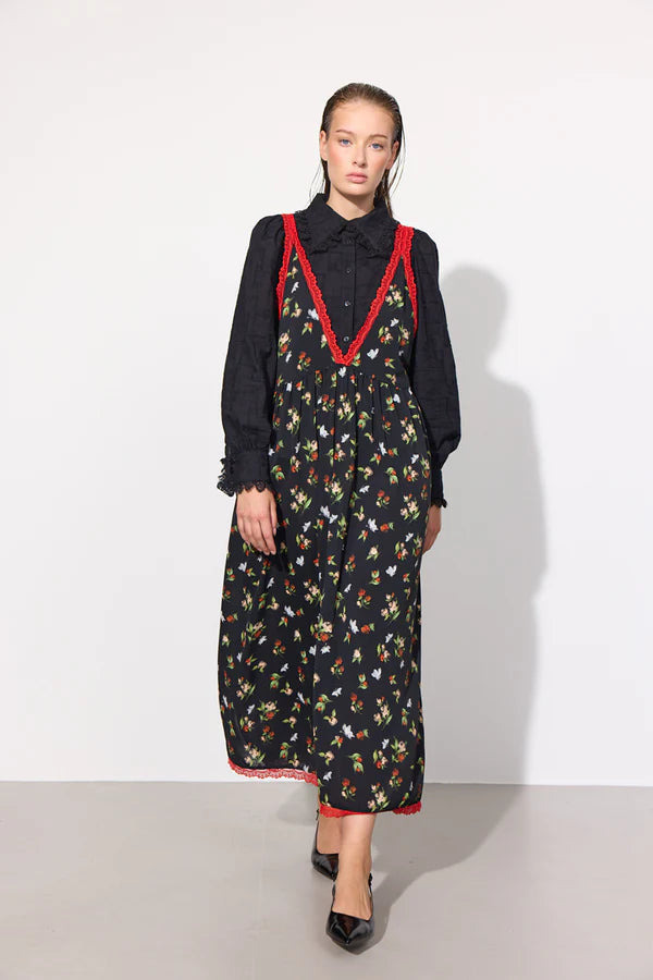 Oversize long dress - black with flowers - Beate - Female