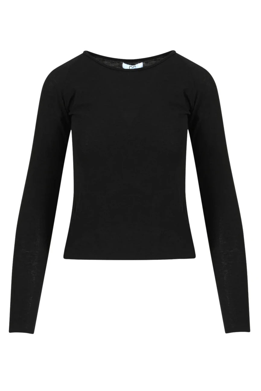 Sort bluse med lange ærmer, rund halsudskæring og tætsiddende design.