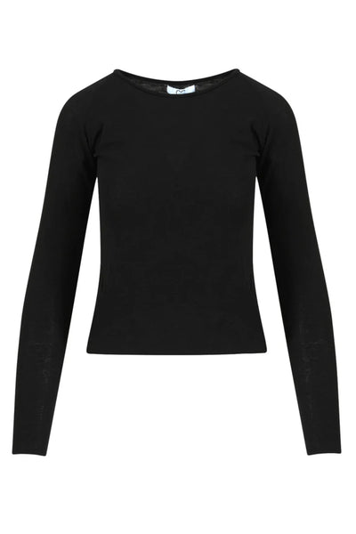 Sort bluse med lange ærmer, rund halsudskæring og tætsiddende design.