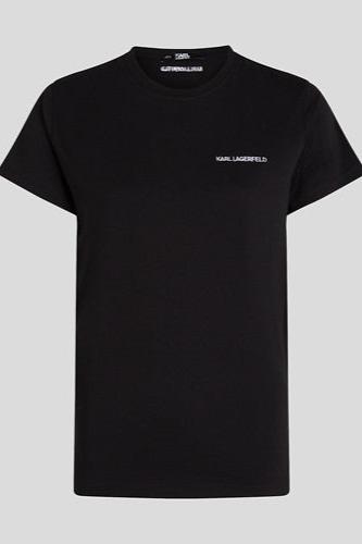 Sort T-shirt med rund hals og korte ærmer, hvid "KARL LAGERFELD" branding på brystet.