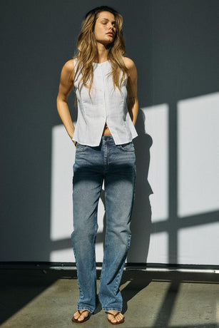 Noisy May - Jeans - Dark blue denim - Monica HW Straight - Stilkompagniet.dk