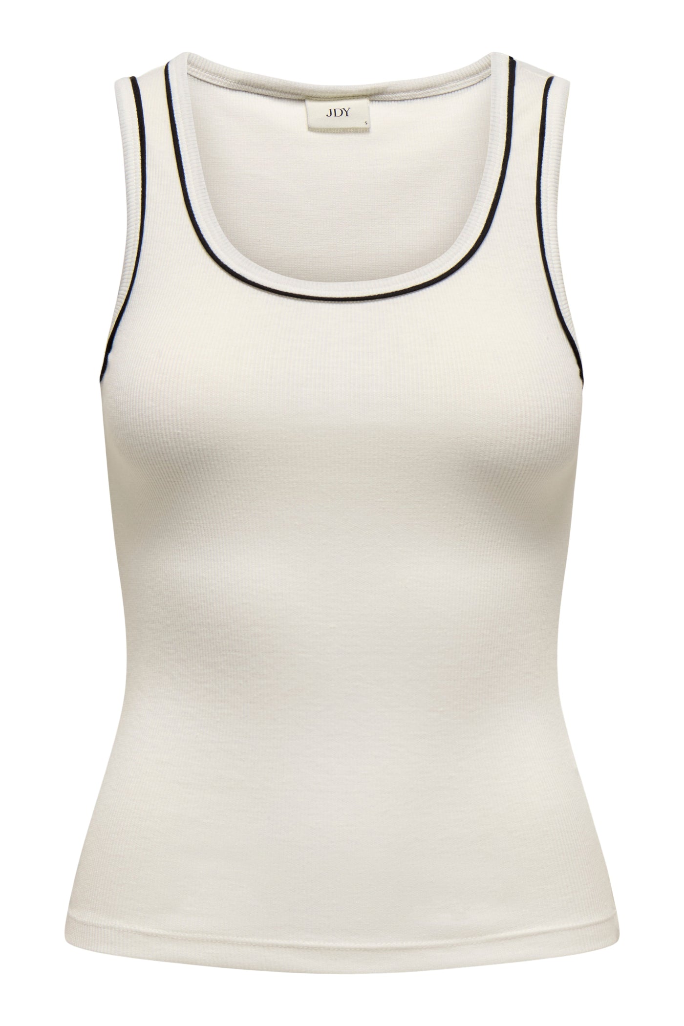 Hvid ribbet tanktop fra JDY med rund hals og sorte detaljer, brede stropper.