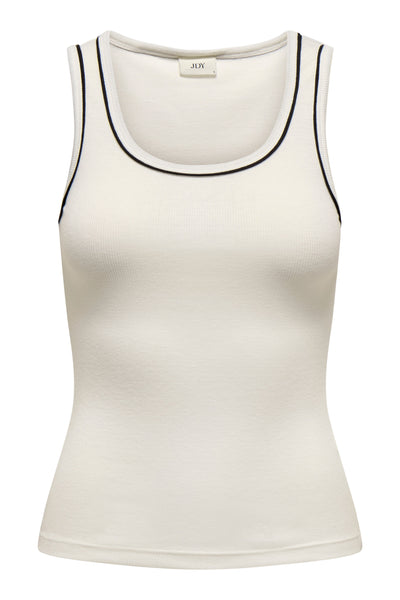 Hvid ribbet tanktop fra JDY med rund hals og sorte detaljer, brede stropper.