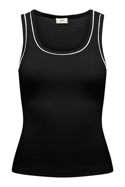 Sort tanktop med rund hals, hvide detaljer, brede stropper og ribbet materiale.