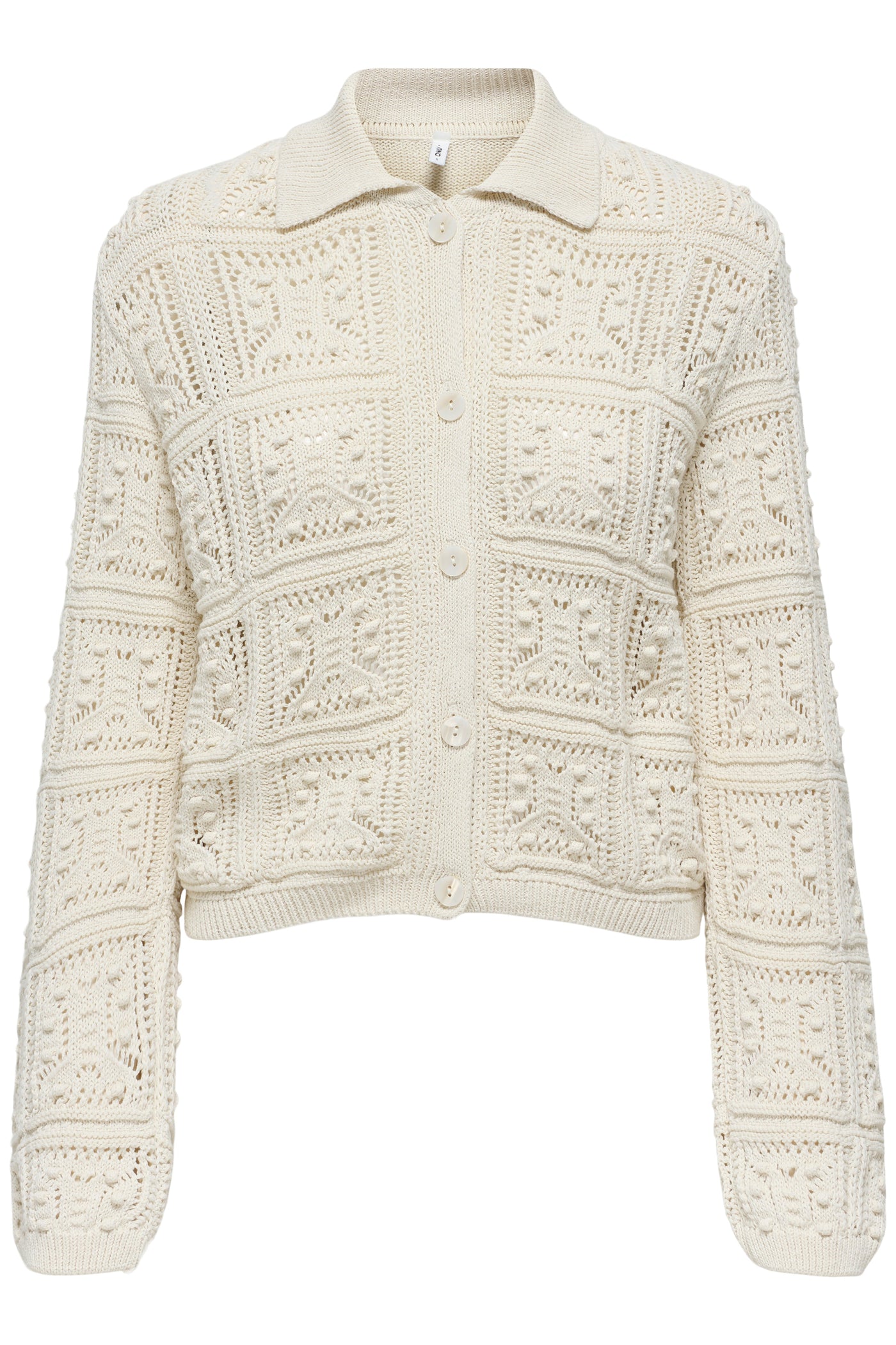 Cardigan i lys beige med tekstureret mønster, knaplukning og krave.