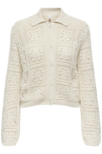 Cardigan i lys beige med tekstureret mønster, knaplukning og krave.