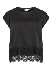 Vila - Satin Top med blonde - Sort - Viellette