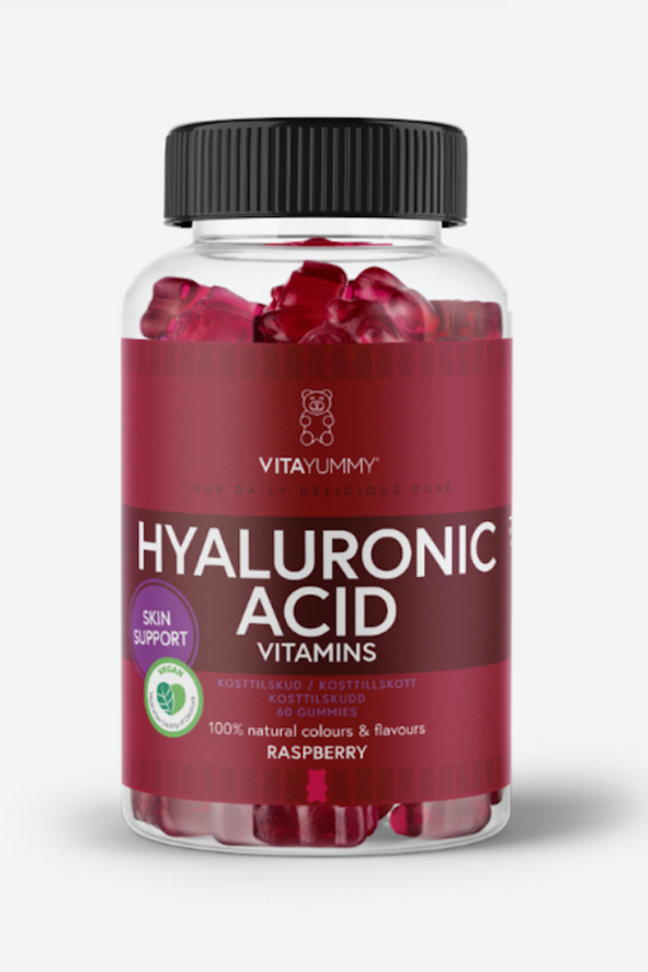 Transparent flaske med sorte låg, rød etiket, "VitaYummy Hyaluronic Acid", vegansk, hudstøtte.