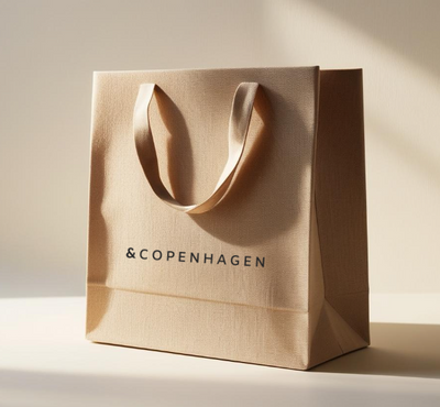Beige indkøbspose med håndtag og teksten "&Copenhagen", står på en lys overflade med skygge.