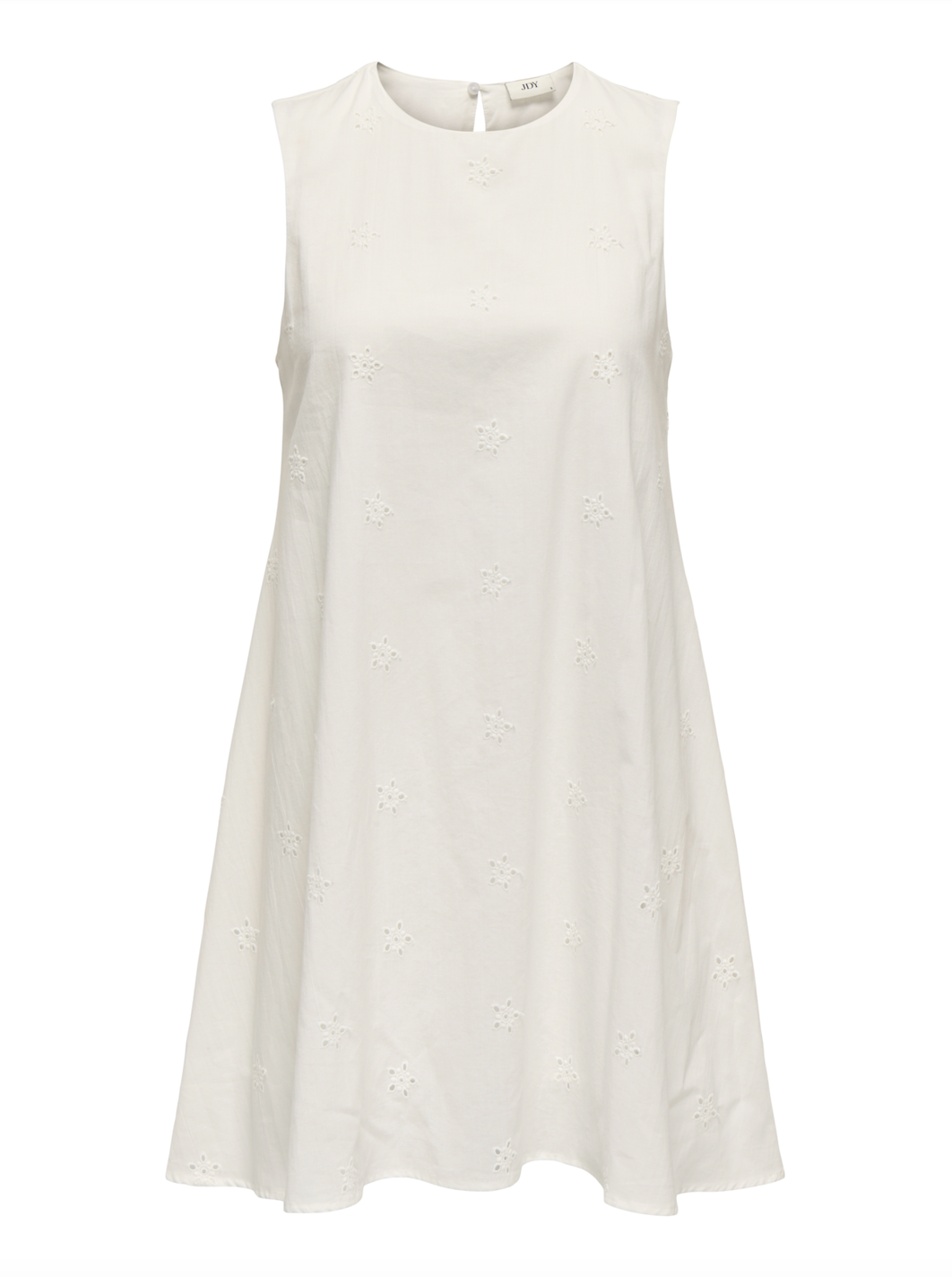 Hvid ærmeløs kjole med blomster broderi anglaise mønster. Simpelt og elegant design.