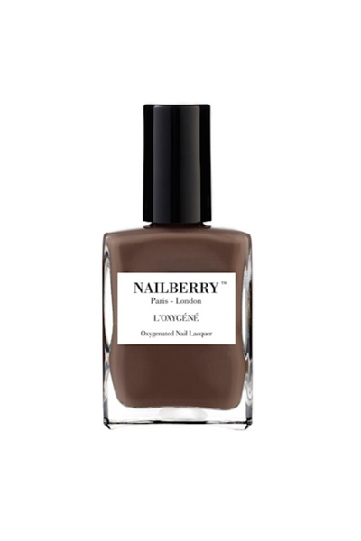 Neglelak fra Nailberry i dyb brun nuance, sort låg, klar flaske, etiket med "L'Oxygéné".