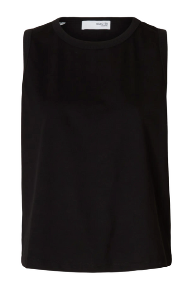 Sort tanktop fra Selected Femme med rund hals og ærmeløs, boxy pasform.