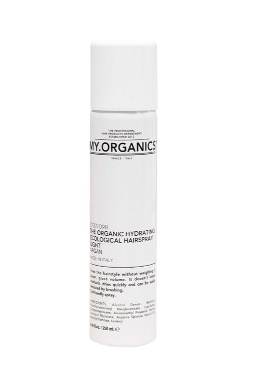 Hvid sprayflaske, sort tekst "MY.ORGANICS", 250 ml, økologisk hårspray, argan, let hold.
