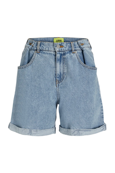 Let blå shorts med løs pasform, justerbare sider med to knapper og foldet kant forneden.