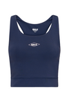 Navy sports top med racerback, "BALL" logo foran, "BALL SPORT" logo bagpå.