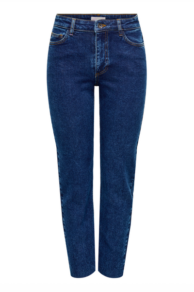 JDY denim blå jeans med høj talje, lige ben og synlige baglommer.
