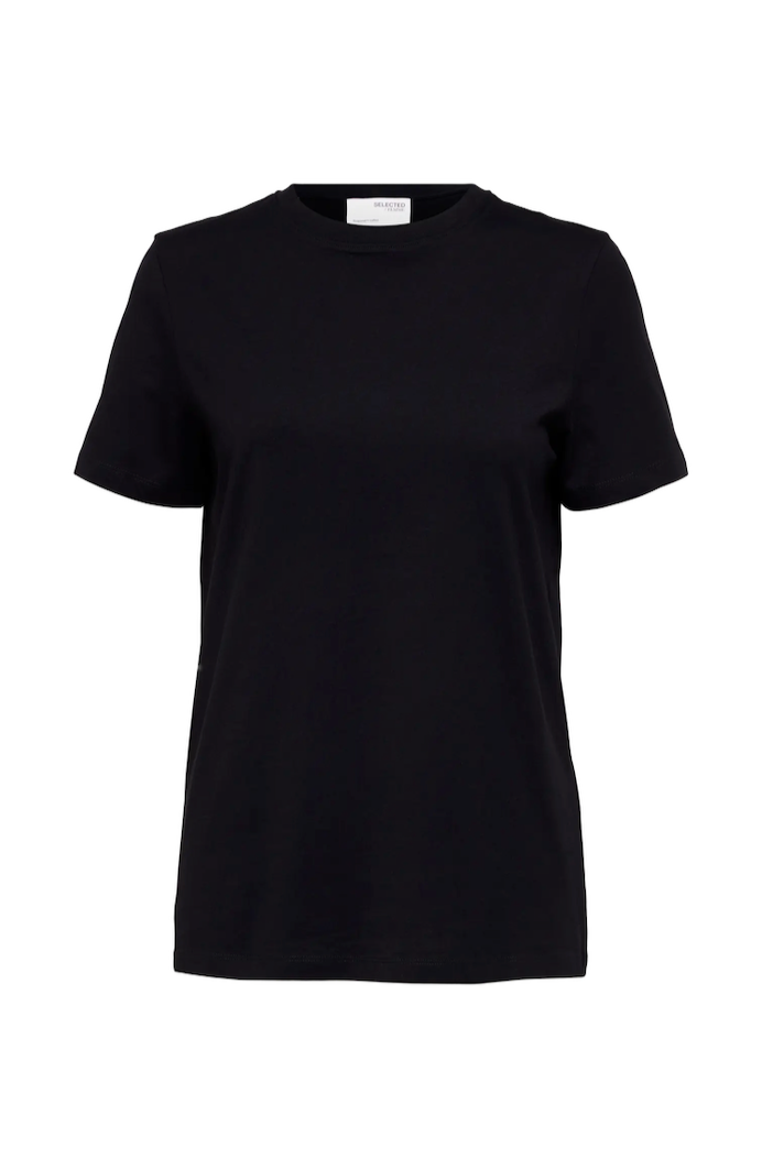 Sort T-shirt fra Selected Femme med O-hals og korte ærmer i minimalistisk stil.