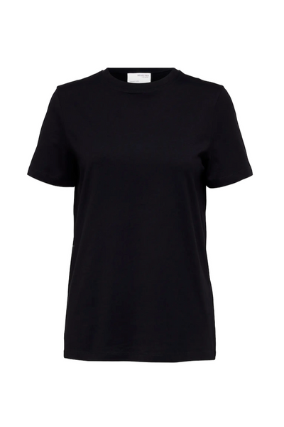 Sort T-shirt fra Selected Femme med O-hals og korte ærmer i minimalistisk stil.
