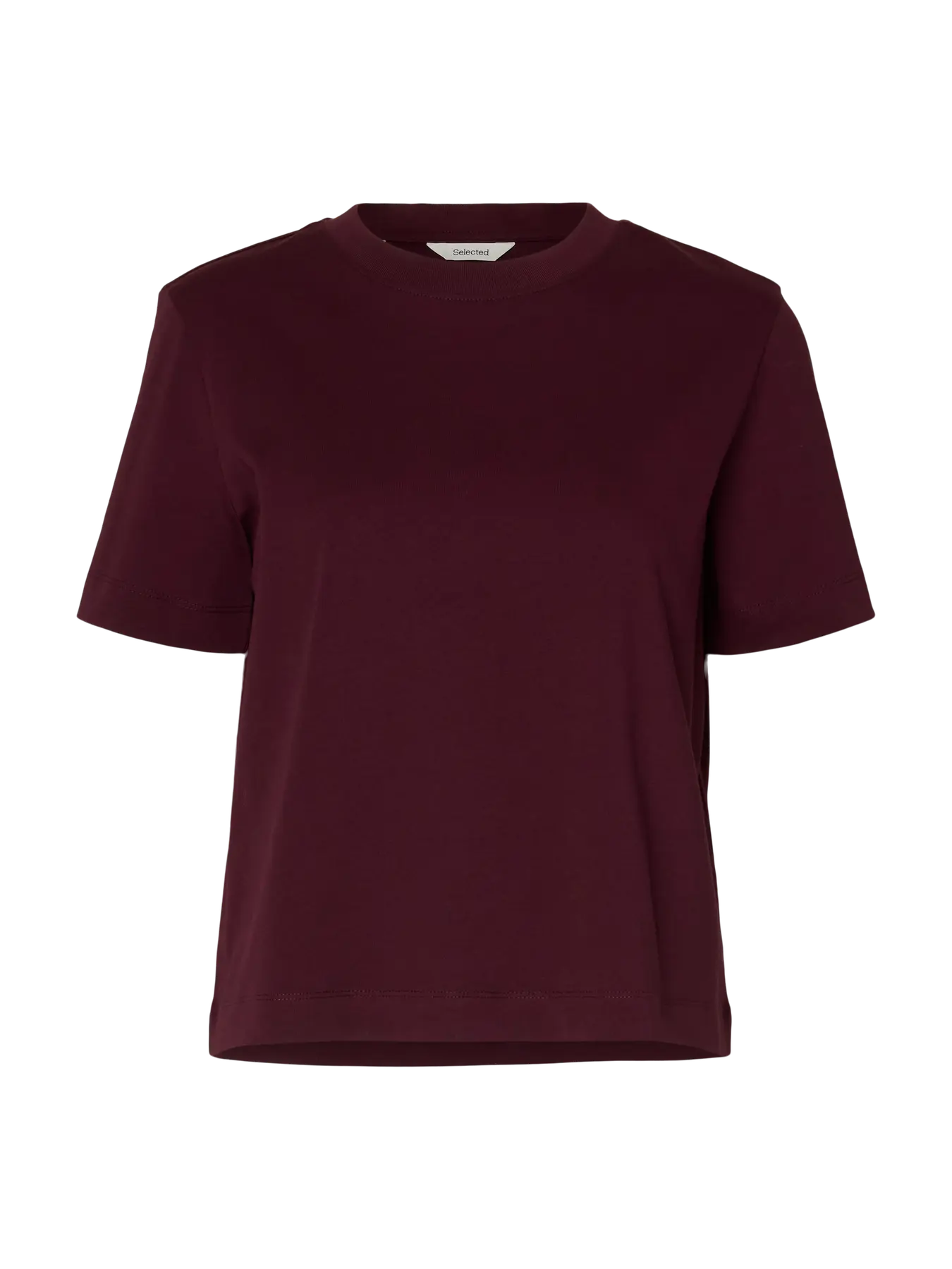 Boxy T-shirt i dyb figfarve, kortærmet, rund hals, afslappet pasform, ensfarvet uden mønster.