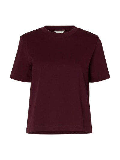 Boxy T-shirt i dyb figfarve, kortærmet, rund hals, afslappet pasform, ensfarvet uden mønster.