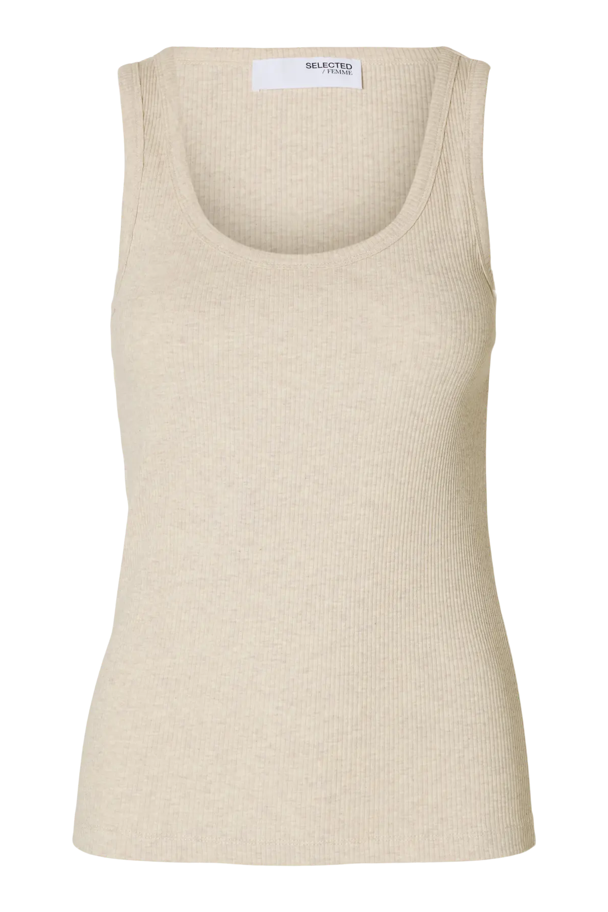 Havrefarvet ribbet top med U-halsudskæring fra Selected Femme. Enkel og stilren design.