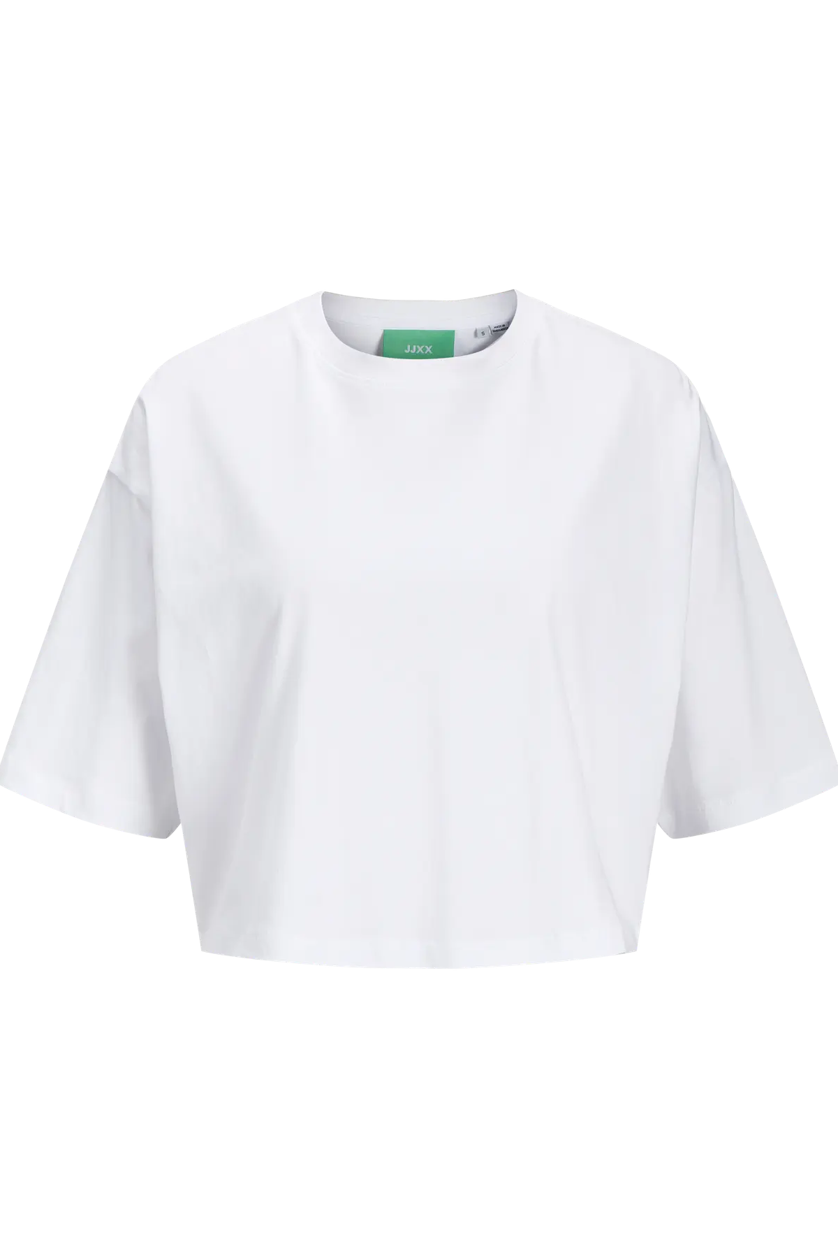 Hvid cropped T-shirt fra JJXX, rund hals, længere ærmer, boxy fit der slutter ved hofterne.