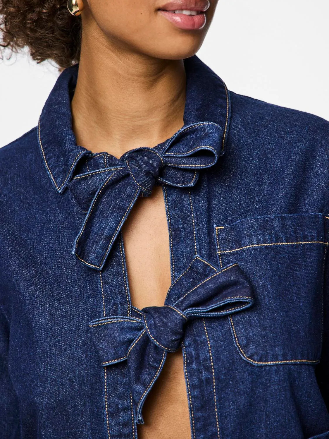 Pieces - Denim shirt - Ofelia LS Bow - Medium blue denim