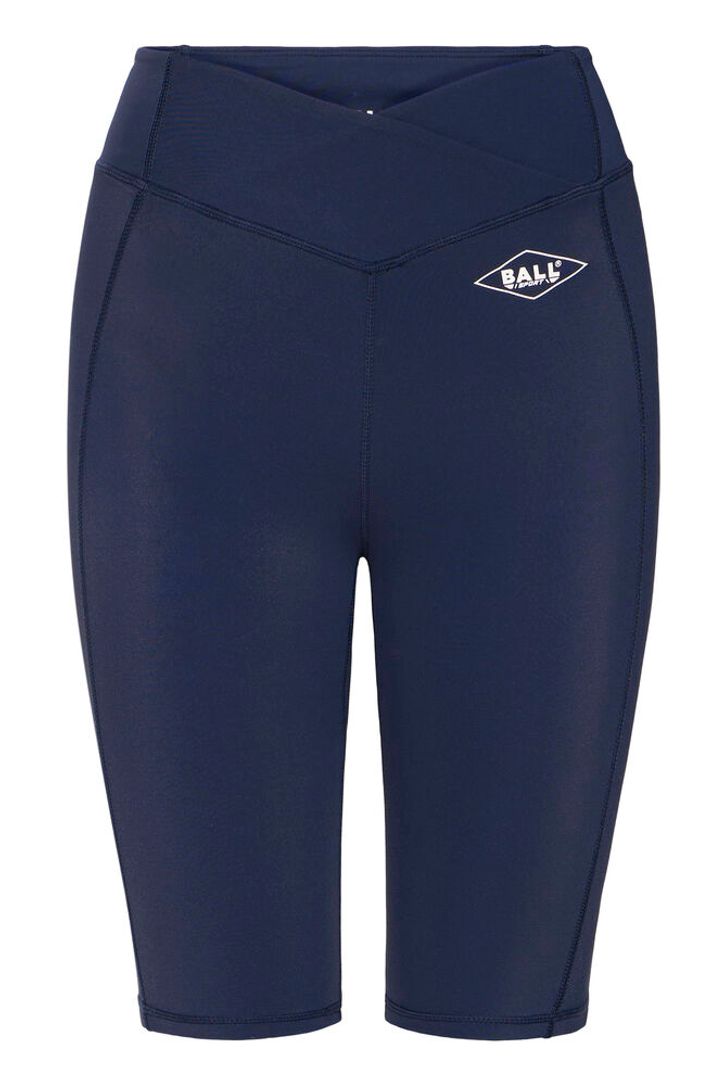 Blå træningsshorts med høj talje, "BALL" logo på venstre side, knælængde.