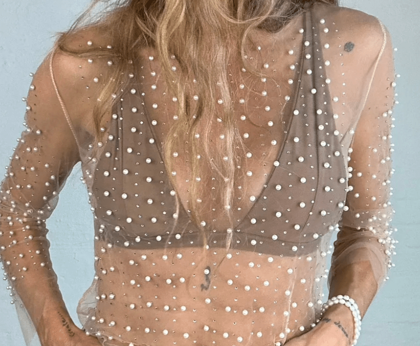 Sassy Copenhagen Kjoler Gloria perle mesh kjole - Nude med hvide perler - Sassy