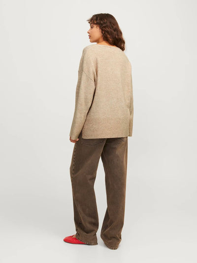 JJXX - V-neck oversize striktrøje - Beige - Lucca