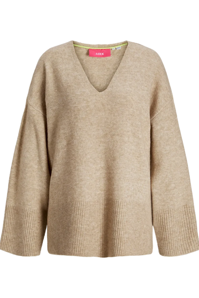 JJXX - V-neck oversize striktrøje - Beige - Lucca