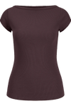 JJXX JXFIFI STR CAP BOATNECK JRS SN T-shirt in fudge color, featuring a boat neck and cap sleeves, shown flat.