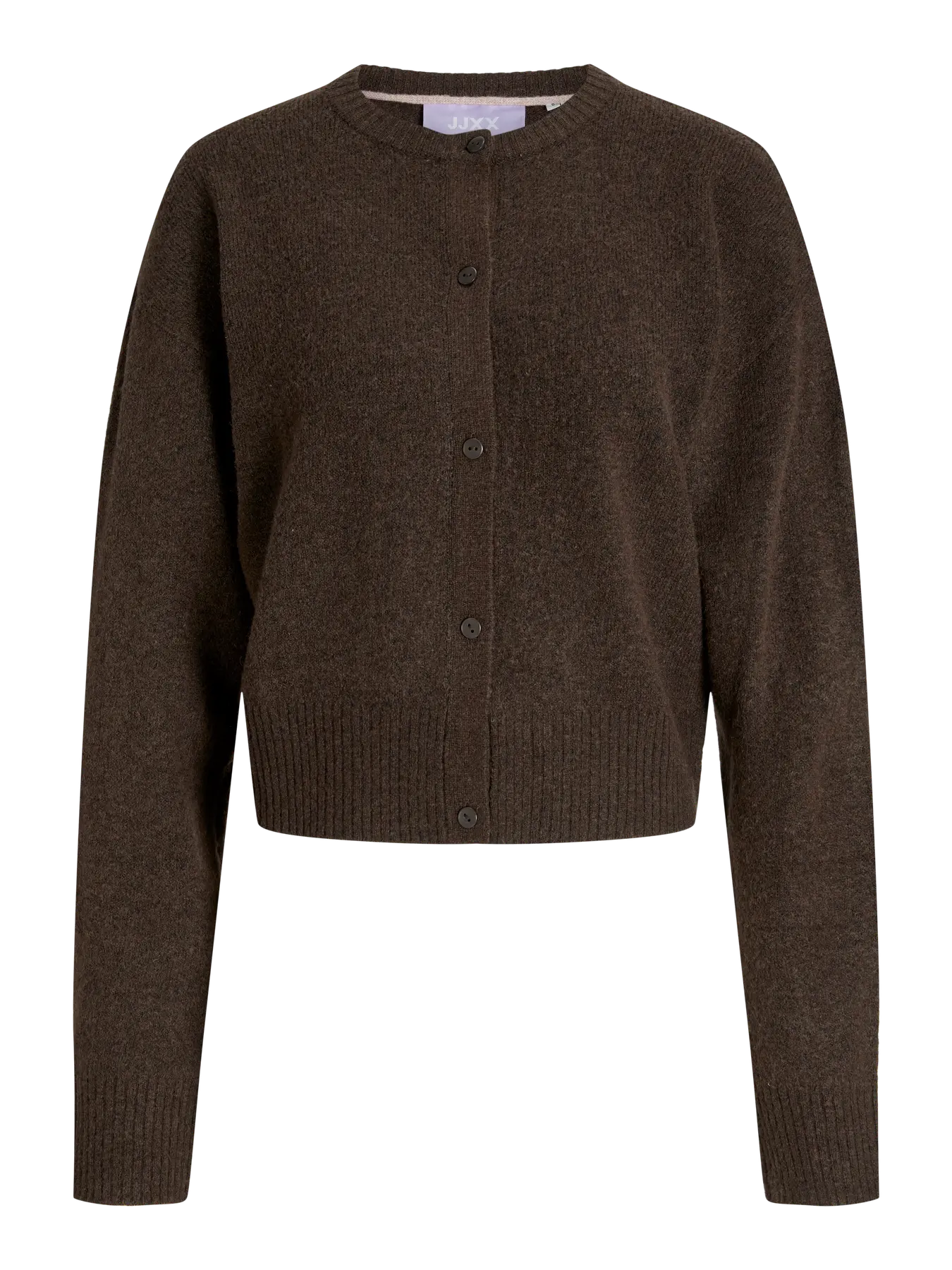Brun cardigan med rund hals, knaplukning, og ribkanter ved ærmer og nederste kant.