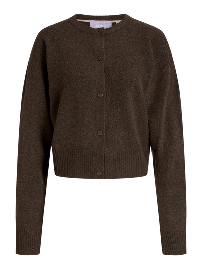 Brun cardigan med rund hals, knaplukning, og ribkanter ved ærmer og nederste kant.
