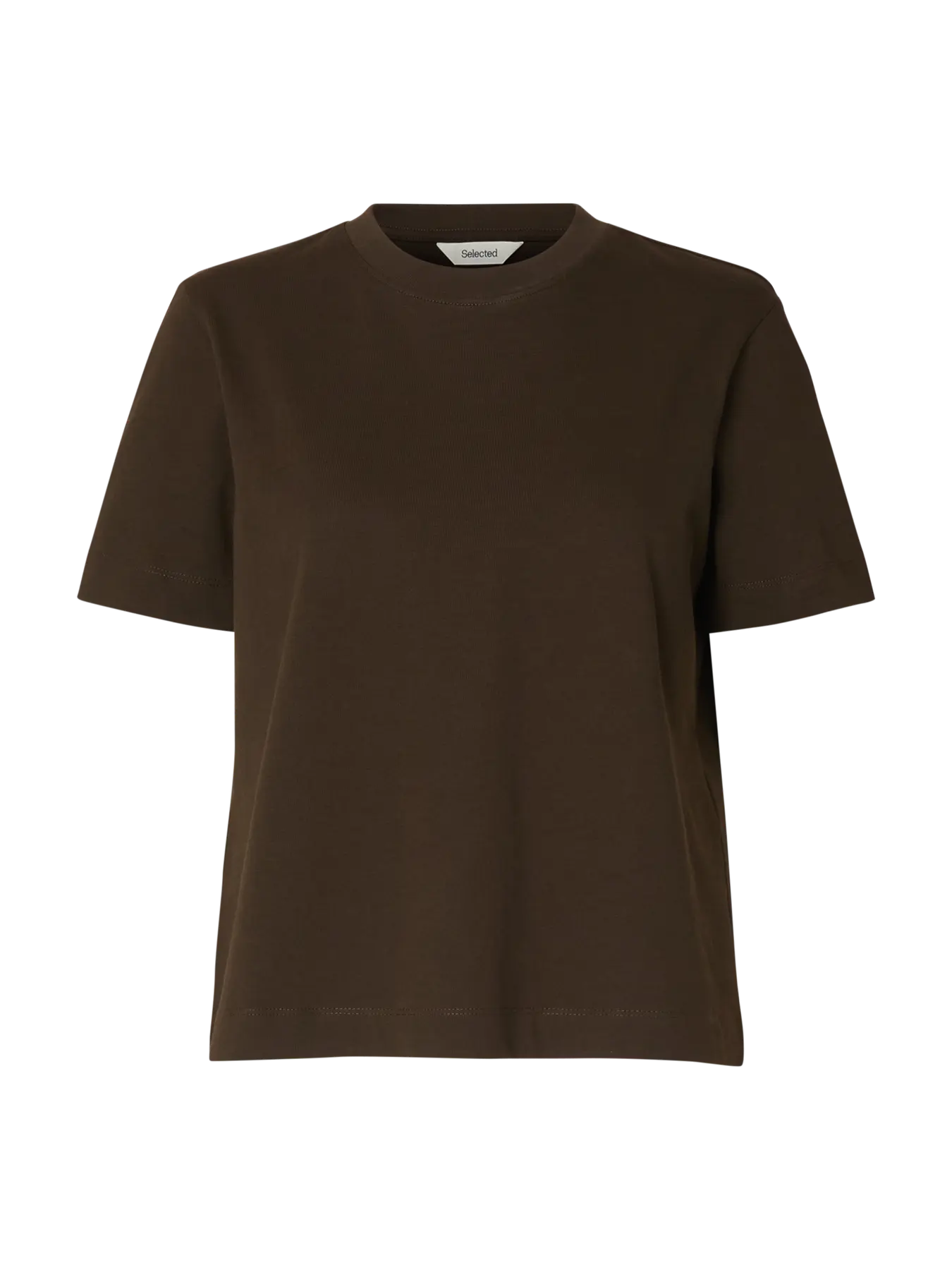 Mørkebrun T-shirt fra Selected Femme med boxy pasform, korte ærmer og rund halsudskæring.